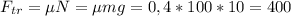 F_{tr}=\mu N=\mu mg=0,4*100*10=400