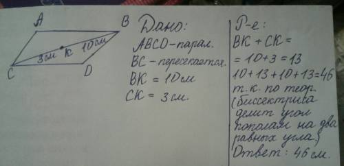 Биссектриса угла a параллелограмма abcd пересекает сторону bc в точке к. найдите периметр параллелог