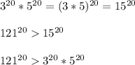 3^{20}*5^{20} =(3*5)^{20}=15^{20}\\\\121^{20} 15^{20}\\\\121^{20} 3^{20}*5^{20}