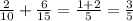 \frac{2}{10} + \frac{6}{15} = \frac{1 + 2}{5} = \frac{3}{5}