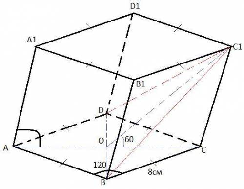 Основание прямой призмы abcda1b1c1d1 представляет собой ромб длиной 8 см. и широкий угол b составляе