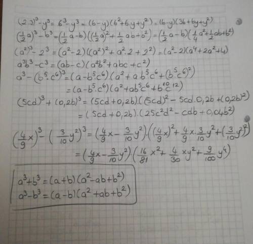 Разложите на множители: 216-y³ 1/8a³-b³ a^6-8 a³b³-c³ a³-b^15c^18 125c³d³+0,008b³ 64/729x³-27/1000y^