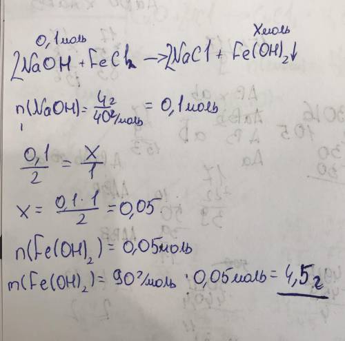 Какая масса осадка получится при взаимодействии 4г гидроксида натрия с хлоридом железа (ii)
