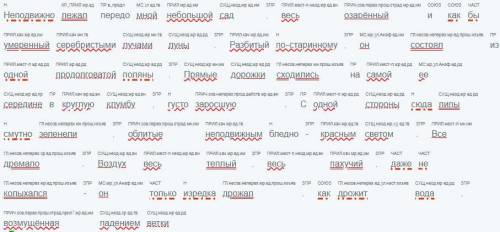 Часть речи под каждым словом.неподвижно лежал перело мной небольшой сад,весь озарённый и как бы умер