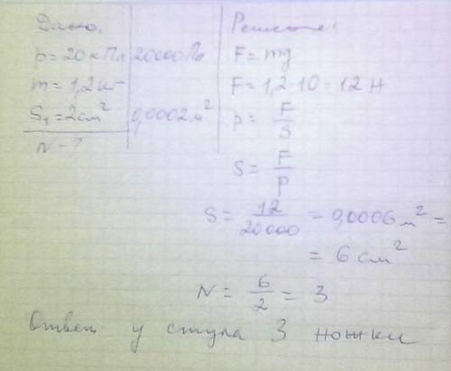 Сколько ножек у стула,если известно,что он оказывать давление на пол 20 кпа? масса стула равна 1,2 ,