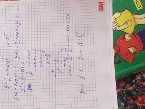 Найти наибольшее и наименьшее значение функции на отрезке: у=х/2+cos(x); [0; pi]