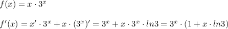 f(x)=x\cdot 3^{x}\\\\f'(x)=x'\cdot 3^{x}+x\cdot (3^{x})'=3^{x}+x\cdot 3^{x}\cdot ln3=3^{x}\cdot (1+x\cdot ln3)