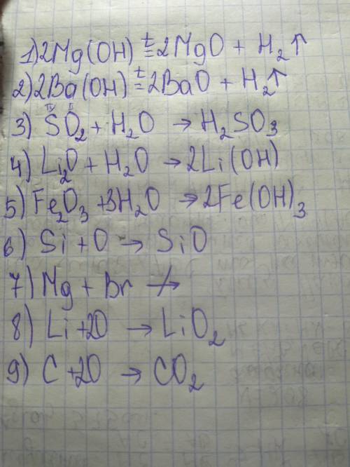 Реакции разложения: mg(oh) ba(oh) реакции соединения: so(iv)+h2o lio+h2o feo(iii)+h2o si+o mg+br li+