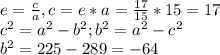 e=\frac{c}{a},c=e*a= \frac{17}{15}*15=17 \\c^2=a^2-b^2; b^2=a^2-c^2\\b^2=225-289=-64\\