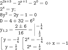 \tt\displaystyle 2^{2x+3}-2^{x+1}-2^0=0\\2^x=y;\\8y^2-2y-1=0\\D=4+32=6^2\\y_{1,2}=\frac{2\pm 6}{16}=\left |{ {{-\frac{1}{4}} \atop {\frac{1}{2}}} \right. \\\left [{ {{y=-\frac{1}{4}} \atop {y=\frac{1}{2}}} \right. \left [{ {{2^x=-\frac{1}{4}} \atop {2^{x}=\frac{1}{2}}} \right. \Leftrightarrow x=-1