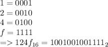 1 = 0001 \\ 2 = 0010 \\ 4 = 0100 \\ f = 1111 \\ = 124f_{16} = 1001001001111_{2}