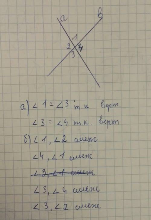 Начертите две прямые,которые перетинаються.обозначьте цифрами образованные углы.запиши а) вертикальн