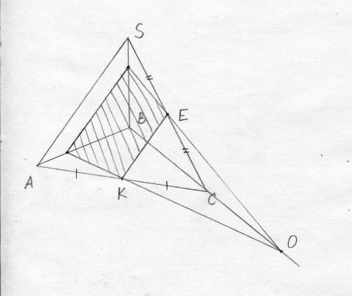 Sabc треугольная пирамида , точки к и е середины ребер ас и sc соответственно . точка о лежит на луч