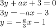 3y + ax + 3 = 0 \\ 3y = - ax - 3 \\ y = - \frac{a}{3} x - 1