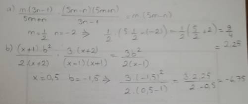 Найдите значения выражений: а) 3mn-m/5m+n × 25m(2)-n(2)/3n-1,eсли m= 1/2,n=-2; б) (х+1)(в2)/2х+4 × 3