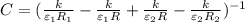 C = ( \frac{k}{\varepsilon_1 R_1} - \frac{k}{\varepsilon_1 R} + \frac{k}{\varepsilon_2 R} - \frac{k}{\varepsilon_2 R_2} )^{-1}