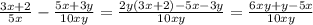 \frac{3x + 2}{5x}-\frac{5x + 3y}{10xy} = \frac{2y(3x+2) - 5x - 3y}{10xy} = \frac{6xy+y-5x}{10xy}