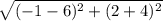 \sqrt{(-1-6)^2 + (2+4)^2}