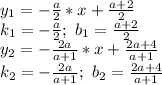 y_1=-\frac{a}{2}*x+\frac{a+2}{2}\\k_1=-\frac{a}{2};\ b_1=\frac{a+2}{2}\\y_2=-\frac{2a}{a+1} *x+\frac{2a+4}{a+1}\\k_2=-\frac{2a}{a+1};\ b_2=\frac{2a+4}{a+1}\\