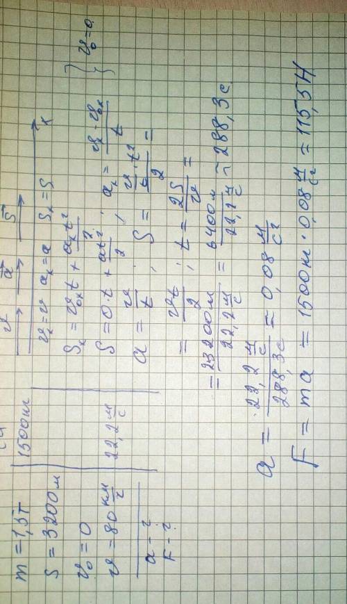 Автомобиль массой 1.5 тонн проехал путь 3200 метров, 80 км ч. считая движения равноускоренным, опред