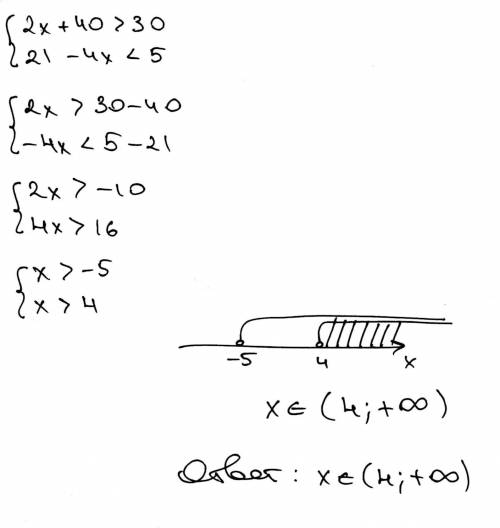 Решите систему 2х+40> 30 21-4х< 5