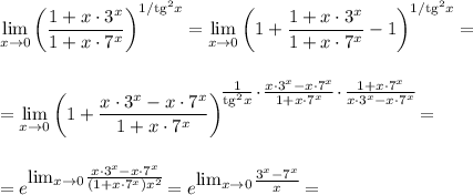 \displaystyle \lim_{x \to 0}\left(\frac{1+x\cdot 3^x}{1+x\cdot 7^x}\right)^{1/{\rm tg}^2x}=\lim_{x \to 0}\left(1+\frac{1+x\cdot 3^x}{1+x\cdot 7^x}-1\right)^{1/{\rm tg}^2x}=\\ \\ \\ =\lim_{x \to 0}\left(1+\frac{x\cdot 3^x-x\cdot 7^x}{1+x\cdot 7^x}\right)^\big{\frac{1}{{\rm tg}^2x}\cdot \frac{x\cdot 3^x-x\cdot 7^x}{1+x\cdot 7^x}\cdot \frac{1+x\cdot 7^x}{x\cdot 3^x-x\cdot 7^x}}=\\ \\ \\ =e^\big{\lim_{x \to 0}\frac{x\cdot 3^x-x\cdot 7^x}{(1+x\cdot 7^x)x^2}}=e^\big{\lim_{x \to 0}\frac{3^x-7^x}{x}}=