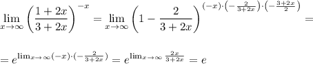 \displaystyle \lim_{x \to \infty}\left(\dfrac{1+2x}{3+2x}\right)^{-x}=\lim_{x \to \infty}\left(1-\dfrac{2}{3+2x}\right)^{(-x)\cdot \left(-\frac{2}{3+2x}\right)\cdot \left(-\frac{3+2x}{2}\right)}=\\ \\ \\ =e^{\lim_{x \to \infty}(-x)\cdot (-\frac{2}{3+2x})}=e^{\lim_{x \to \infty}\frac{2x}{3+2x}}=e