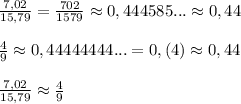 \frac{7,02}{15,79}=\frac{702}{1579}\approx 0,444585...\approx 0,44\\\\\frac{4}{9}\approx 0,44444444...=0,(4)\approx 0,44\\\\\frac{7,02}{15,79}\approx \frac{4}{9}