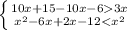 \left \{ {{10x+15-10x-63x} \atop {x^2-6x+2x-12