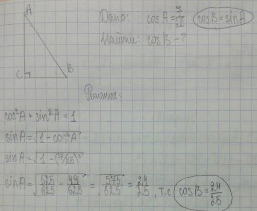 Втреугольнике авс угол с равен 90о, cosa= 7/25. найдите cosb.