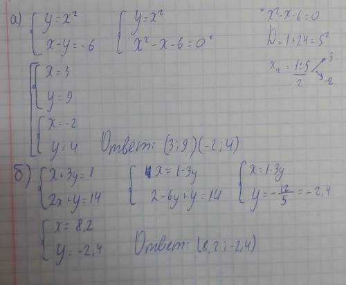 Решите подстановки 1) y=x² x-y=-62)x+3y=1 2x+y=14​