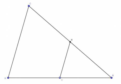 Втреугольнике abc ab=10 см. через точку к на стороне ab проведена прямая км параллельно ас, ак=5 см.