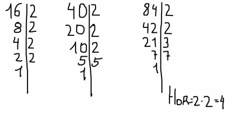 Запишите все общие делите данных чисел. запишите найбольший общий делитель чисел 16 40 и 84