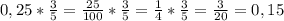 0,25*\frac{3}{5}=\frac{25}{100}*\frac{3}{5}=\frac{1}{4}*\frac{3}{5}=\frac{3}{20}=0,15