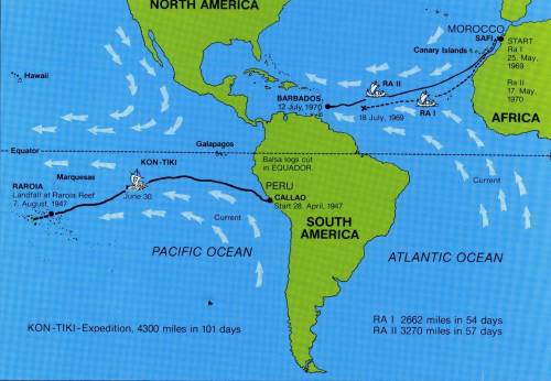 Экспедиция под руководством тура хейердала на плоту кон-тики в 1947 году ,проплыв от побережья пер