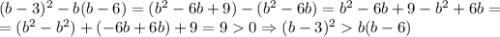 (b-3)^2-b(b-6)=(b^2-6b+9)-(b^2-6b)=b^2-6b+9-b^2+6b=\\=(b^2-b^2)+(-6b+6b)+9=9 0 \Rightarrow (b-3)^2 b(b-6)