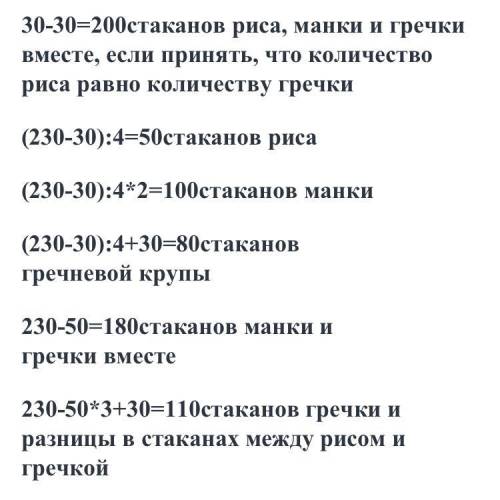 Школьные знания.comкакой у тебя вопрос? туристы израсходовали в походе 230 стаканов крупы.риса было