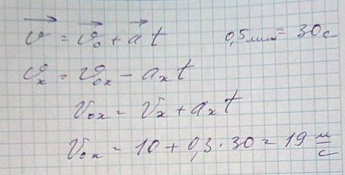 автомобиль преодолел подъем за 0,5 минут , двигаясь с ускорением -0,3 м/с^2 .какова была его скорост