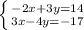 \left \{ {{-2x+3y=14} \atop {3x-4y=-17}} \right.