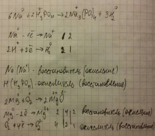 Запишите уравнения реакций, определите окислитель и восстановитель: na+h3po4= o2+mg=