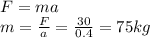 F=ma \\m=\frac{F}{a}=\frac{30}{0.4} = 75kg