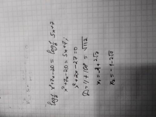 Log по основанию 1/6 от (х^2+7х-20)=log по основанию 1/6 от (5х+7)