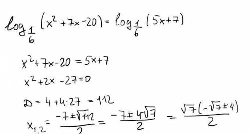 Log по основанию 1/6 от (х^2+7х-20)=log по основанию 1/6 от (5х+7)