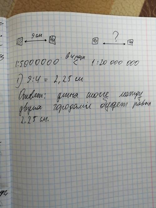 6. розрахуйте, якою буде довжина шосе між двома містами на карті з масштабом 1: 20 000 000, якщо на