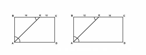 Найти периметр прямоугольника abcd, если биссектриса угла a делит сторону bc на отрезки 16 и 12.