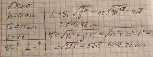Тело брошено со скалы высотой 40 метров с горизонтальной скоростью 15 м/с. найти скорость камня чере