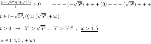 \frac{(t-\sqrt{5^9})(t+\sqrt{5^9})}{t}0\qquad ---(-\sqrt{5^9})+++(0)---(\sqrt{5^9})+++\\\\t\in (-\sqrt{5^9},0)\cup (\sqrt{5^9},+\infty )\\\\t0\; \; \to \; \; 5^{x}\sqrt{5^9}\; \; ,\; \; 5^{x}5^{4,5}\; \; ,\; \; \underline {x4,5}\\\\\underline {\, x\in (\; 4,5\; ;+\infty )\; }