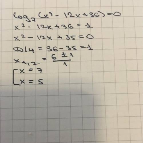 Решить логарифмическое уравнение ㏒7 (x²-12+36)=0