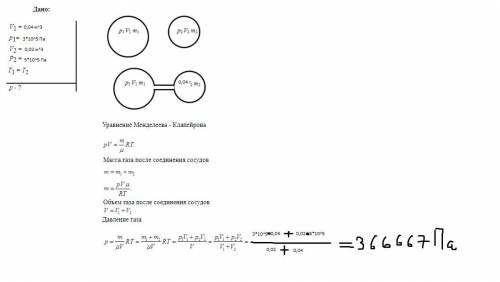 Два сосуда с объемами v1 = 0,04 м ^3и v2 = 0,02 м ^3 содержат газ, имеющий одинаковую температуру, н