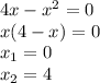 4x-x^{2} =0\\x(4-x)=0\\x_1=0\\x_2=4